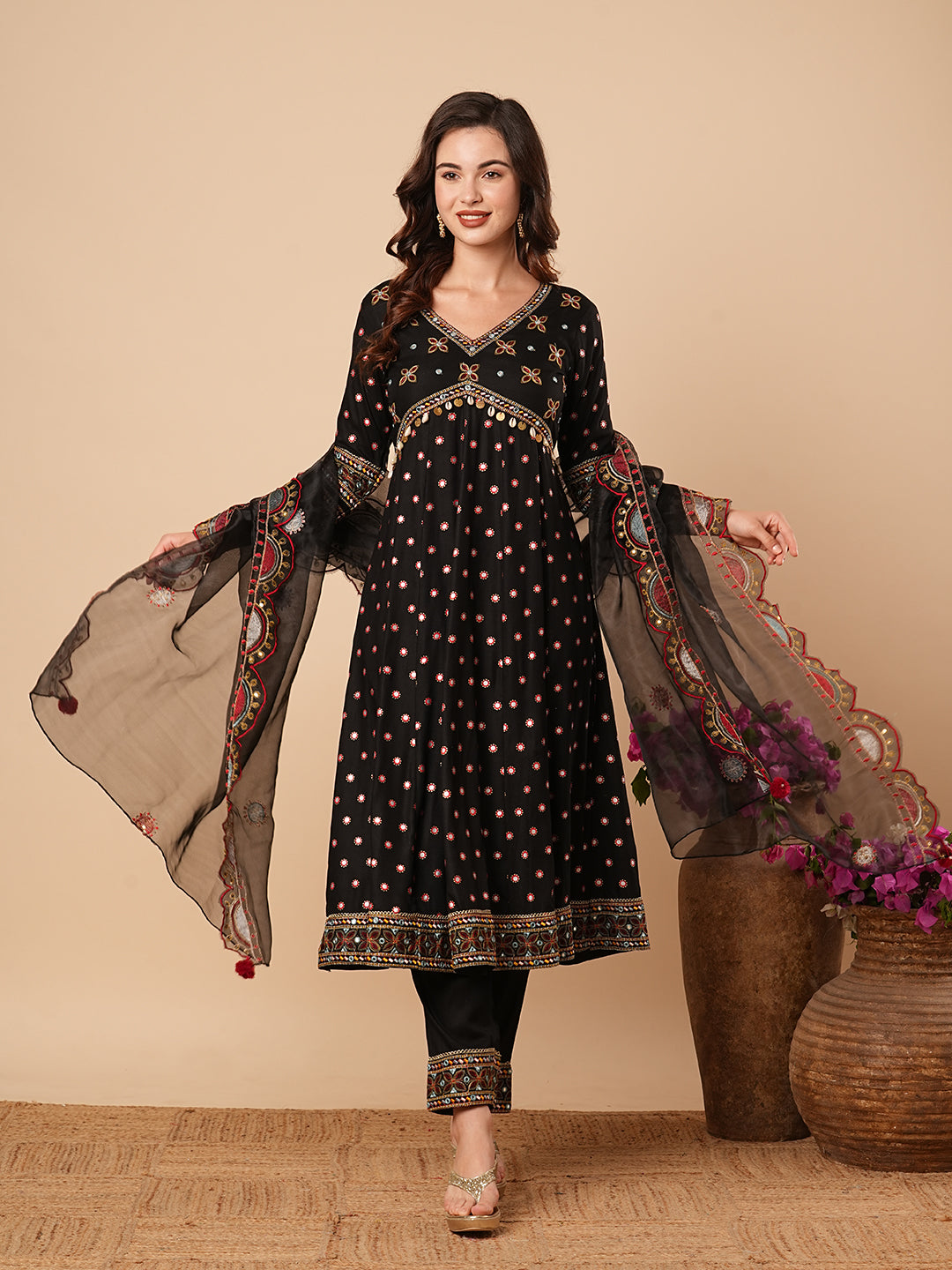 Abstract Printed Mirror & Resham Embroidered Anarkali with Pants & Dupatta - Black