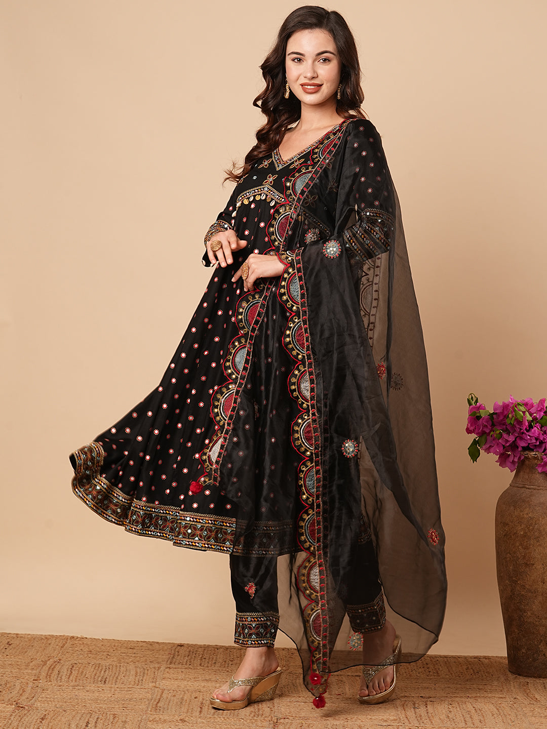 Abstract Printed Mirror & Resham Embroidered Anarkali with Pants & Dupatta - Black