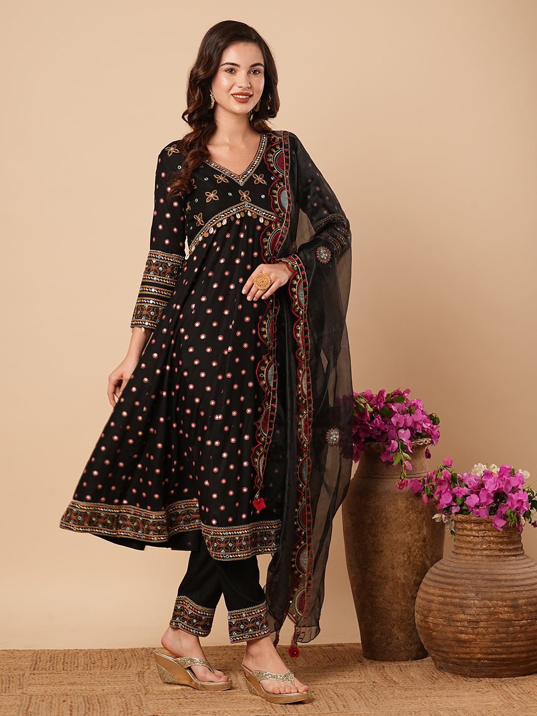 Abstract Printed Mirror & Resham Embroidered Anarkali with Pants & Dupatta - Black