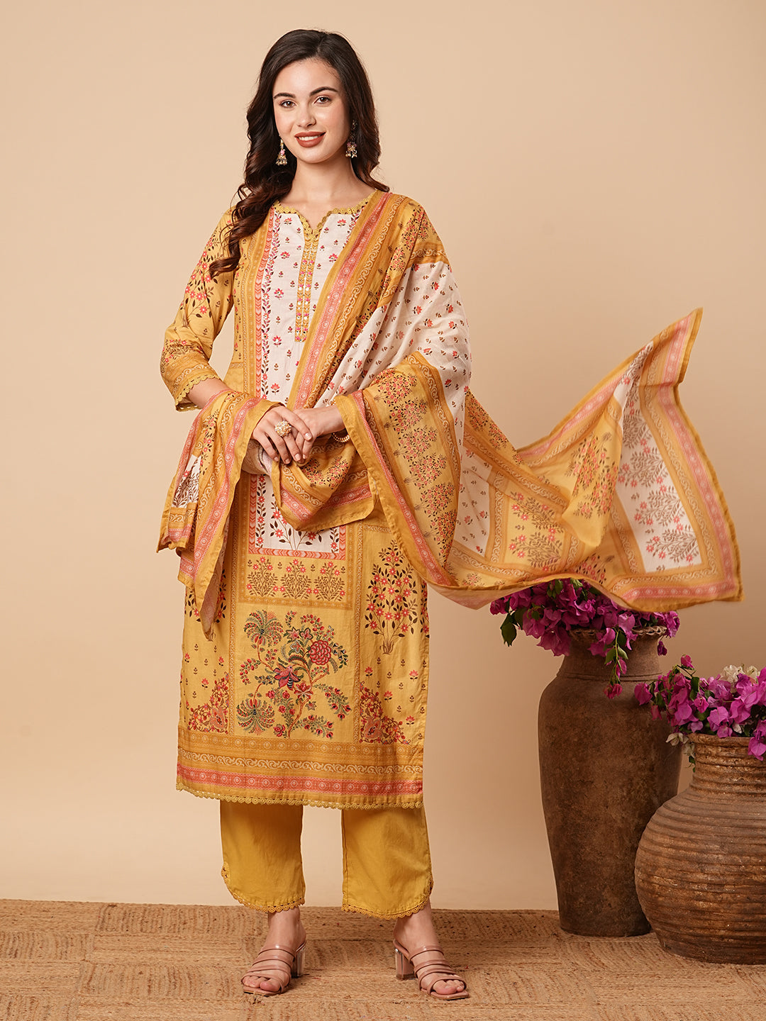 Floral Printed & Embroidered Straight Kurta with Pant & Dupatta - Yellow