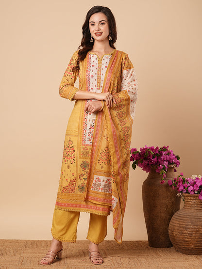 Floral Printed & Embroidered Straight Kurta with Pant & Dupatta - Yellow