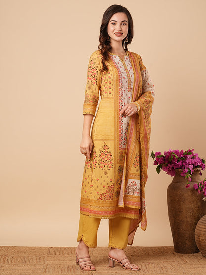 Floral Printed & Embroidered Straight Kurta with Pant & Dupatta - Yellow