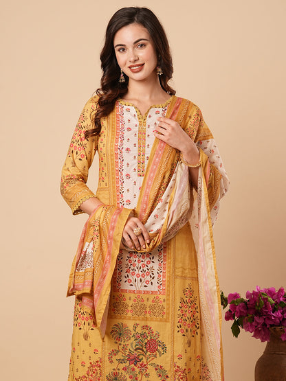 Floral Printed & Embroidered Straight Kurta with Pant & Dupatta - Yellow