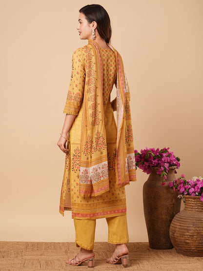 Floral Printed & Embroidered Straight Kurta with Pant & Dupatta - Yellow