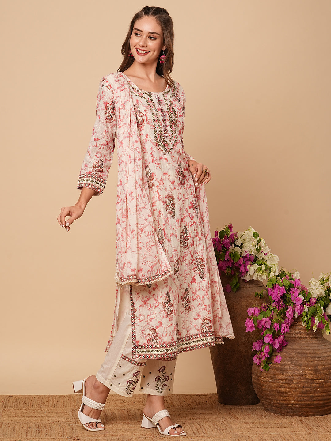 Abstract Printed & Ethnic Embroidered Straight Kurta with Pant & Dupatta - Off White