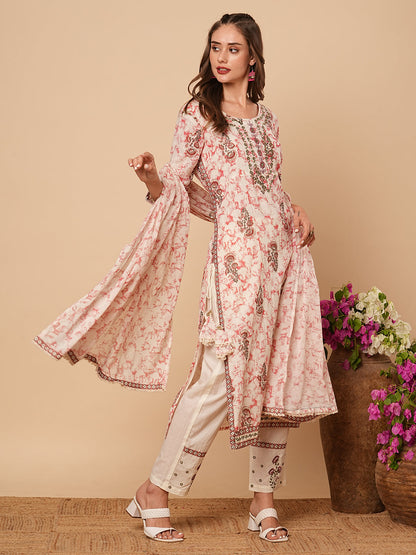 Abstract Printed & Ethnic Embroidered Straight Kurta with Pant & Dupatta - Off White