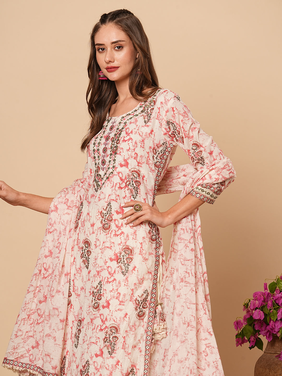 Abstract Printed & Ethnic Embroidered Straight Kurta with Pant & Dupatta - Off White