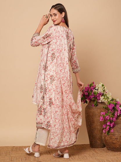 Abstract Printed & Ethnic Embroidered Straight Kurta with Pant & Dupatta - Off White