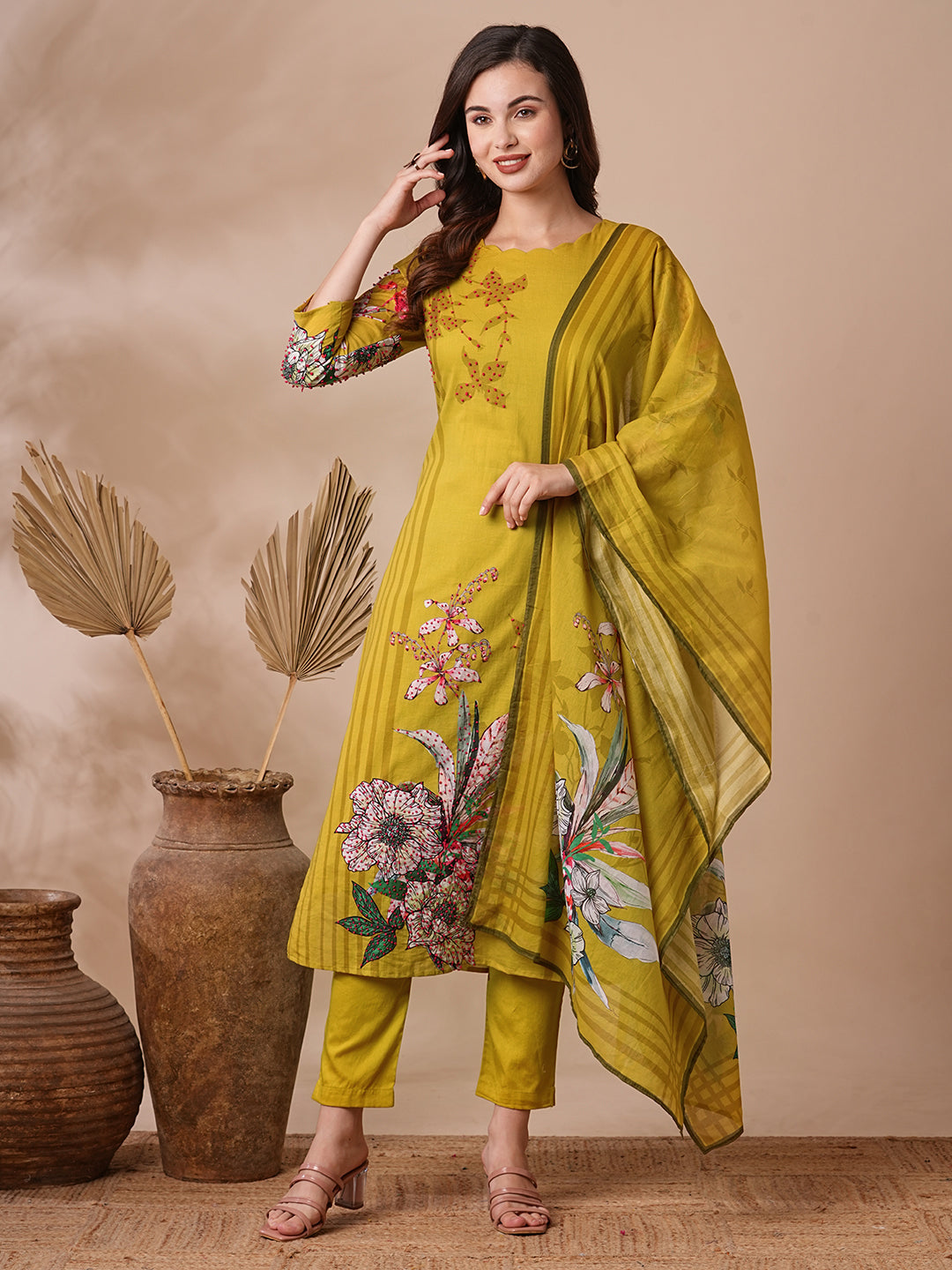 Floral Printed & Embroidered Straight Kurta with Pant & Dupatta - Lime Green