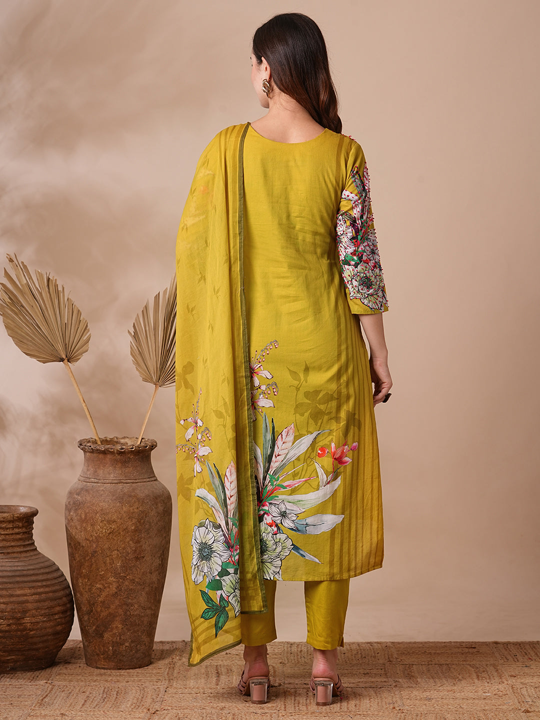 Floral Printed & Embroidered Straight Kurta with Pant & Dupatta - Lime Green