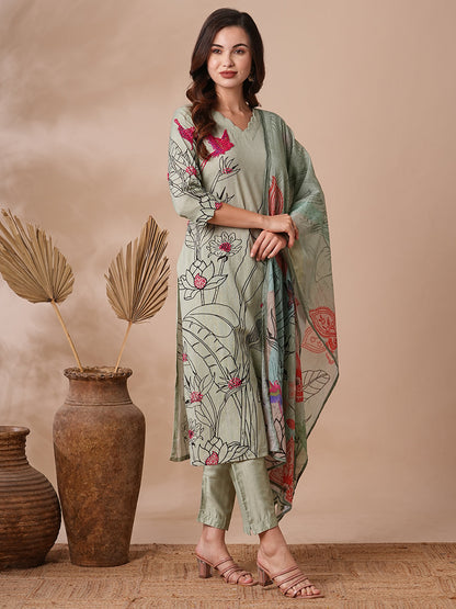 Abstarct Floral Printed & Hand Embroidered Kurta with Pant & Dupatta - Green