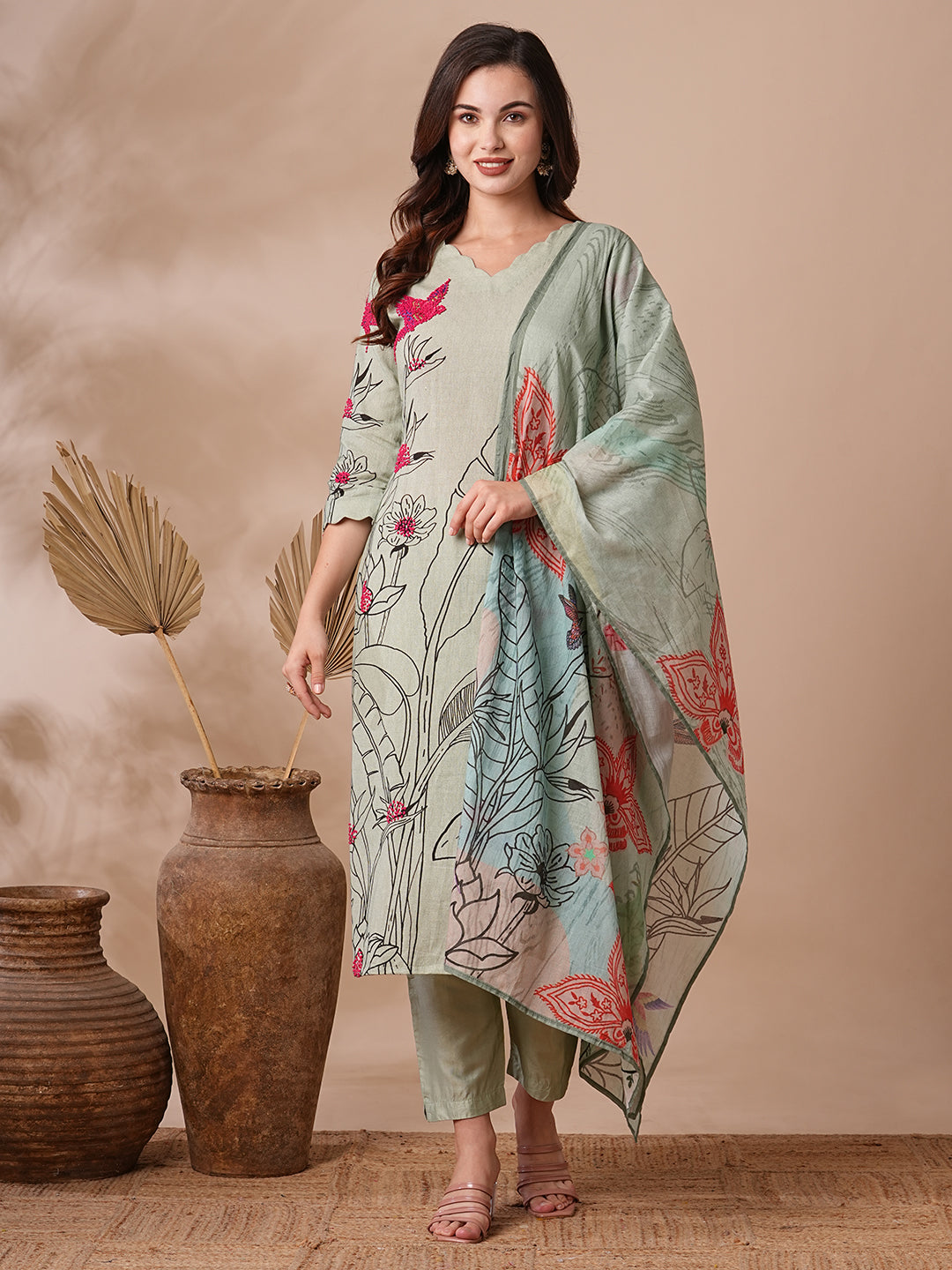 Abstarct Floral Printed & Hand Embroidered Kurta with Pant & Dupatta - Green