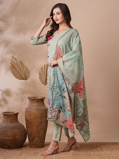 Abstarct Floral Printed & Hand Embroidered Kurta with Pant & Dupatta - Green