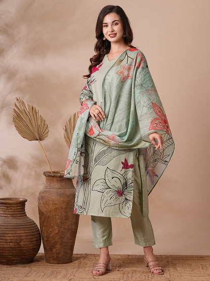 Abstarct Floral Printed & Hand Embroidered Kurta with Pant & Dupatta - Green