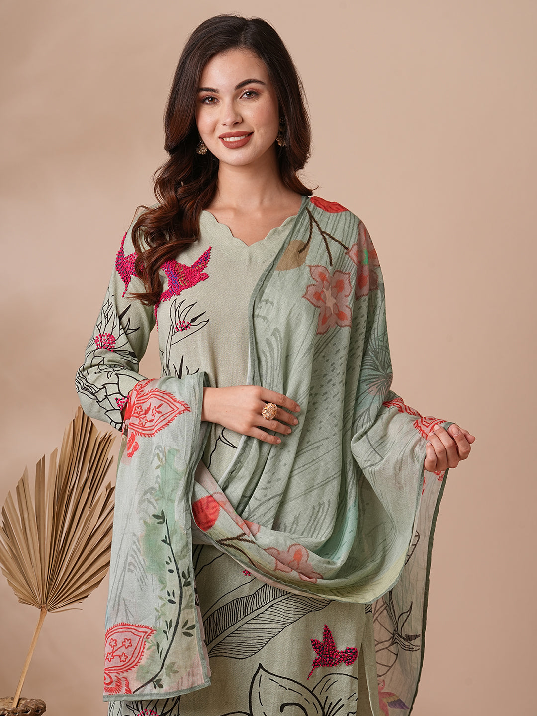 Abstarct Floral Printed & Hand Embroidered Kurta with Pant & Dupatta - Green