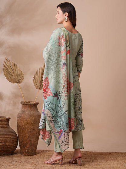 Abstarct Floral Printed & Hand Embroidered Kurta with Pant & Dupatta - Green