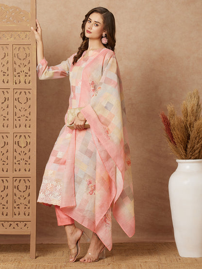 Checks Printed & Embroidered Straight Fit Kurta with Pant and Dupatta - Multi