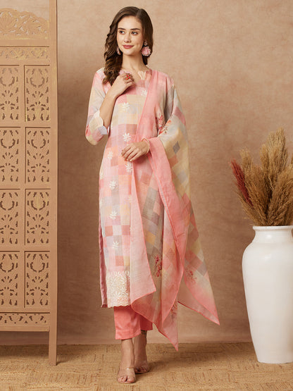 Checks Printed & Embroidered Straight Fit Kurta with Pant and Dupatta - Multi