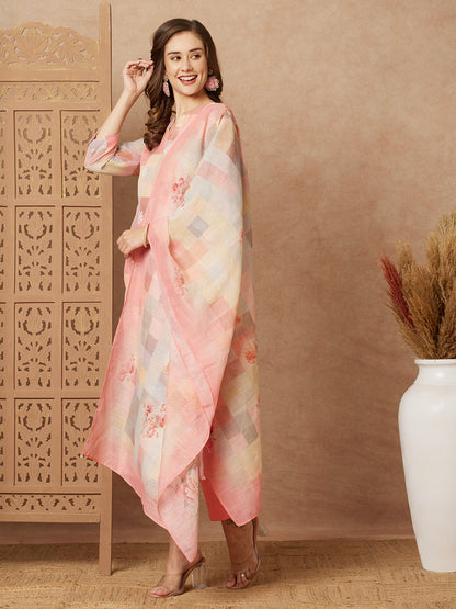 Checks Printed & Embroidered Straight Fit Kurta with Pant and Dupatta - Multi