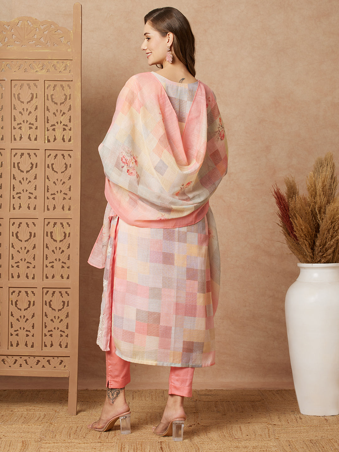 Checks Printed & Embroidered Straight Fit Kurta with Pant and Dupatta - Multi