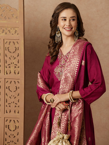 Ethnic Hand Embroidered Straight Fit Kurta with Pant & Dupatta - Purple