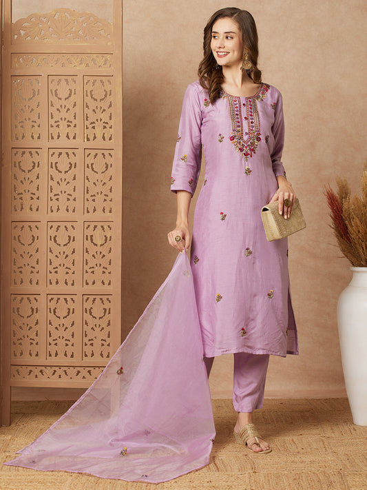 Floral & Hand Embroidered StraightKurta with Pant & Dupatta - Purple