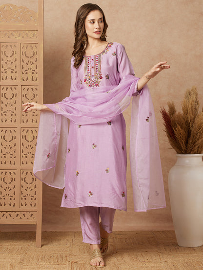 Floral & Hand Embroidered StraightKurta with Pant & Dupatta - Purple