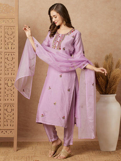 Floral & Hand Embroidered StraightKurta with Pant & Dupatta - Purple