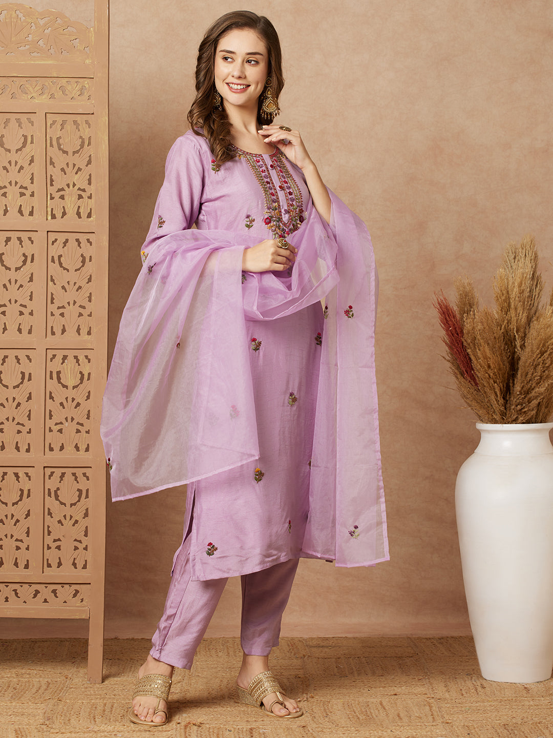 Floral & Hand Embroidered StraightKurta with Pant & Dupatta - Purple