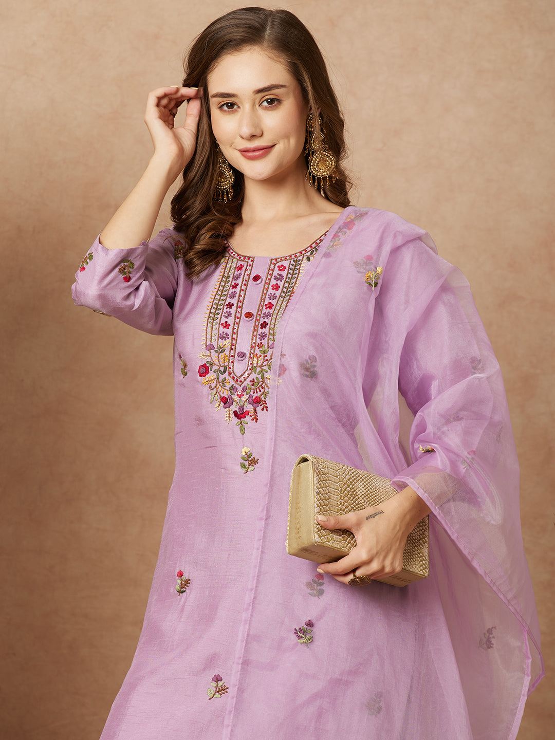 Floral & Hand Embroidered StraightKurta with Pant & Dupatta - Purple