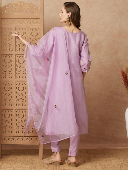 Floral & Hand Embroidered StraightKurta with Pant & Dupatta - Purple