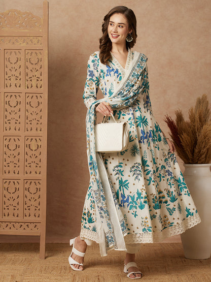 Floral Printed & Embroidered Anarkali with Pant & Dupatta - Off White