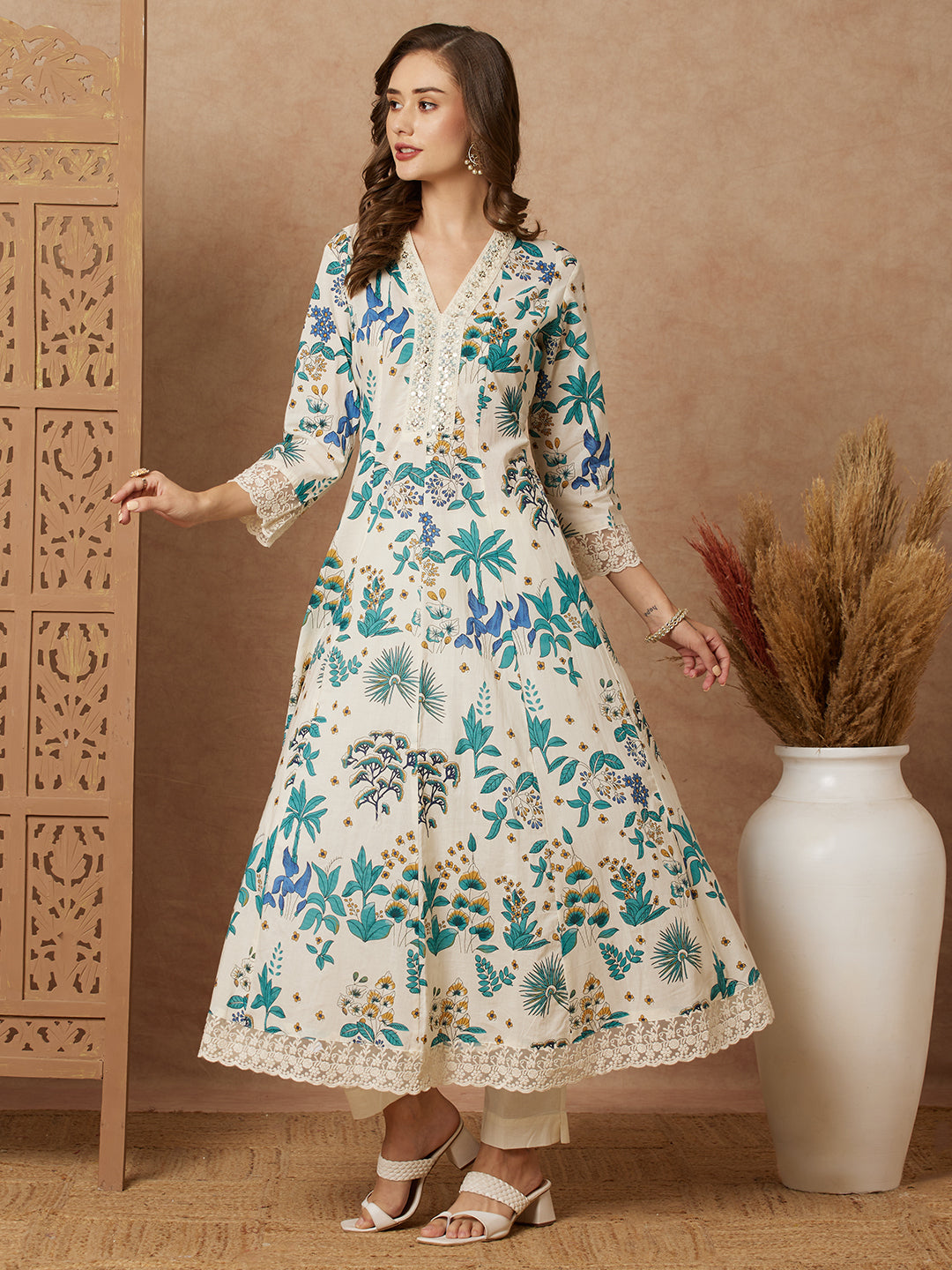 Floral Printed & Embroidered Anarkali with Pant & Dupatta - Off White