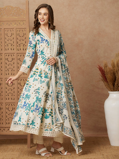 Floral Printed & Embroidered Anarkali with Pant & Dupatta - Off White