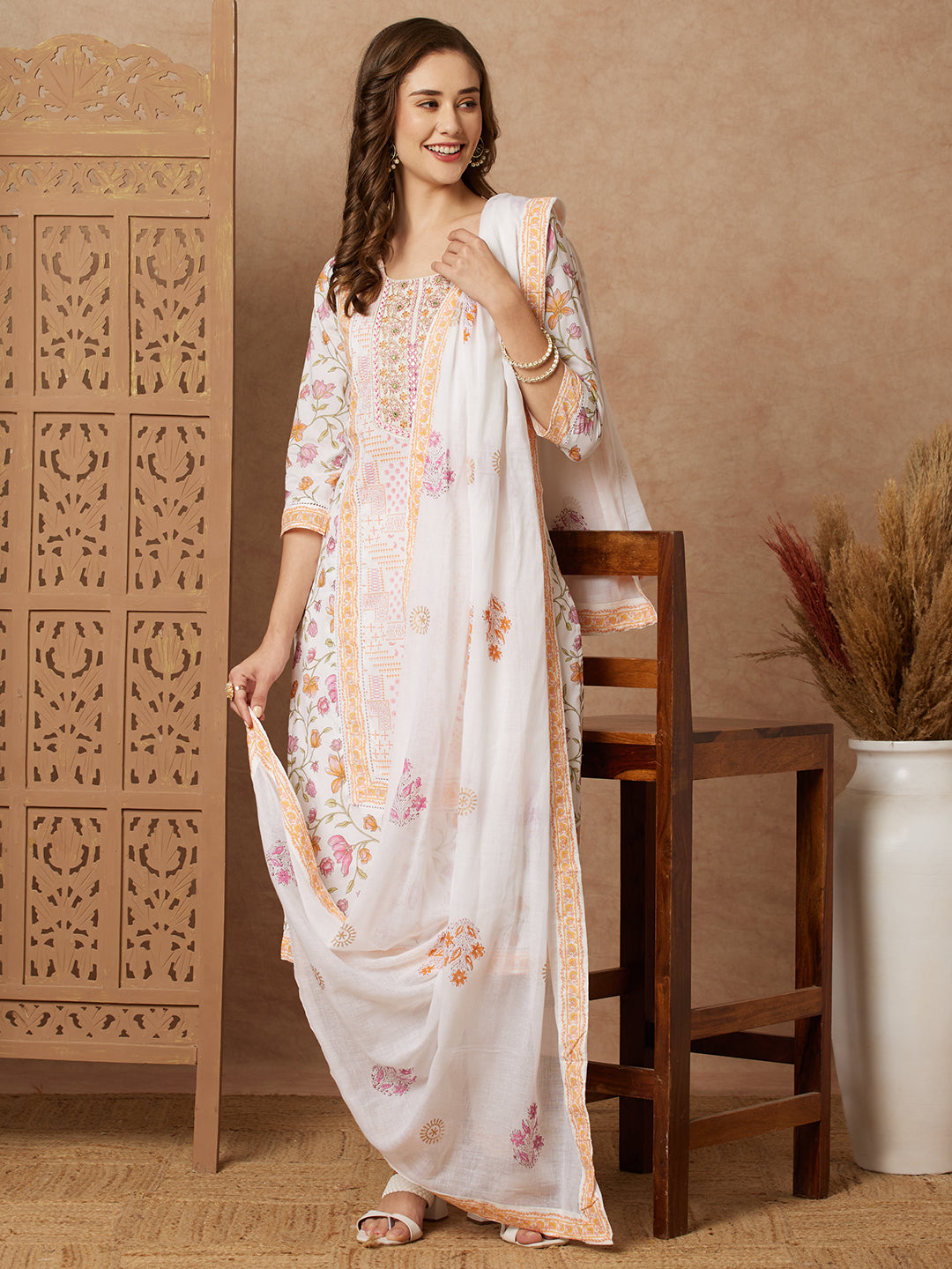 Floral Printed & Embroidered Straight with Pant & Pure Cotton Dupatta - Off White