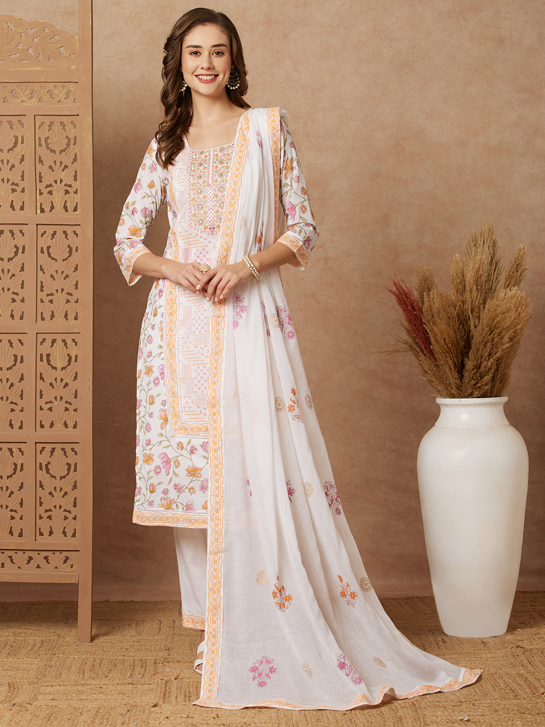 Floral Printed & Embroidered Straight with Pant & Pure Cotton Dupatta - Off White