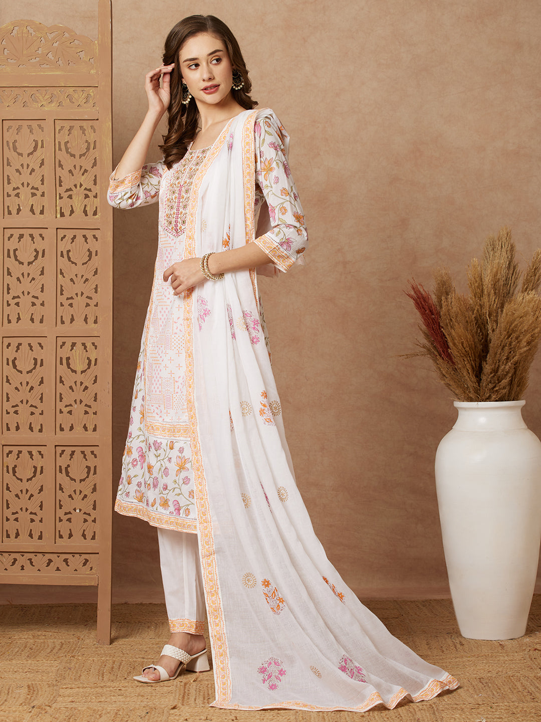 Floral Printed & Embroidered Straight with Pant & Pure Cotton Dupatta - Off White