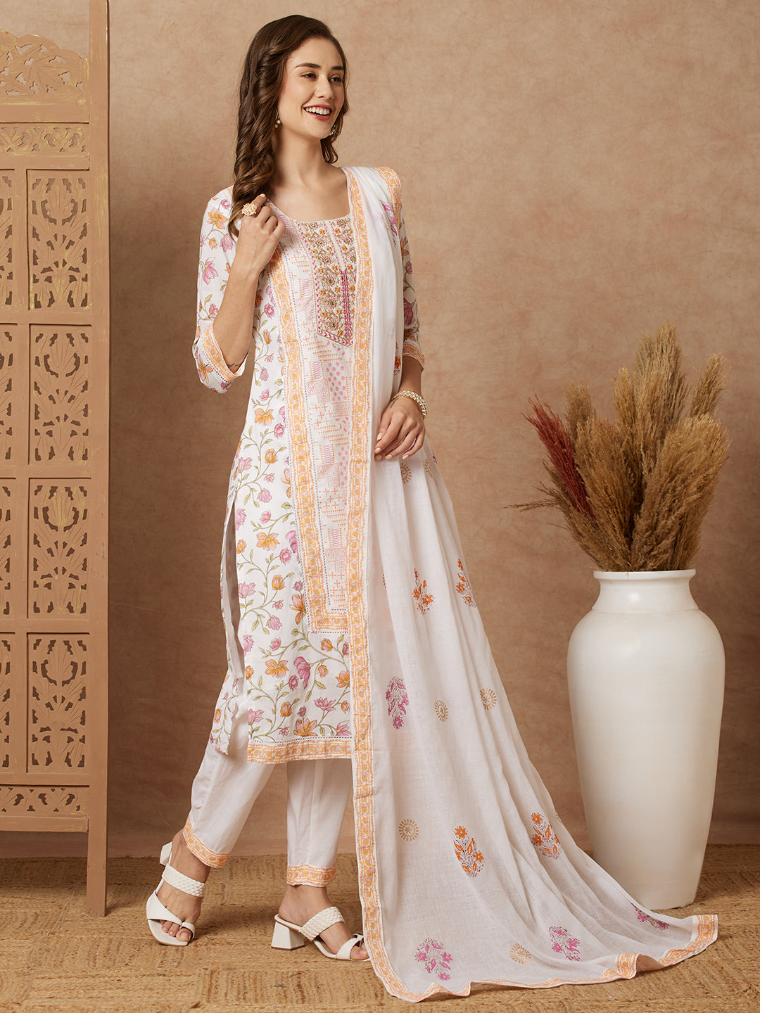 Floral Printed & Embroidered Straight with Pant & Pure Cotton Dupatta - Off White