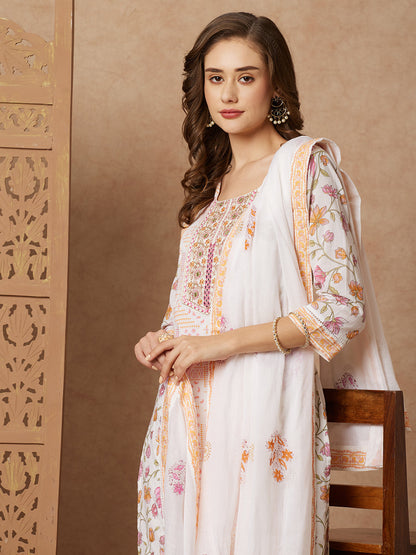 Floral Printed & Embroidered Straight with Pant & Pure Cotton Dupatta - Off White