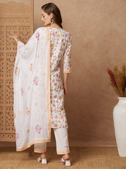 Floral Printed & Embroidered Straight with Pant & Pure Cotton Dupatta - Off White