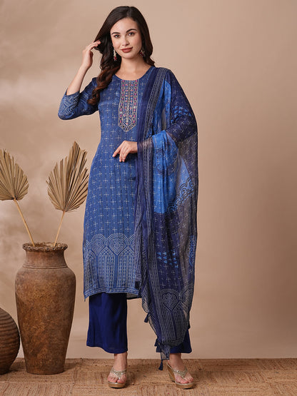 Ethnic Bandhani Printed & Embroidered Straight Kurta with Pant & Dupatta - Blue