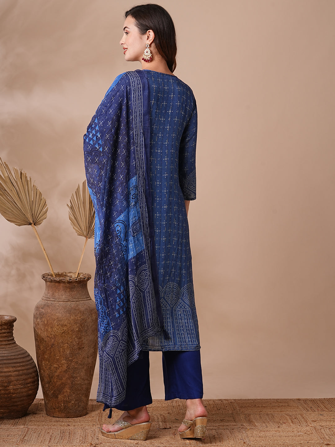 Ethnic Bandhani Printed & Embroidered Straight Kurta with Pant & Dupatta - Blue