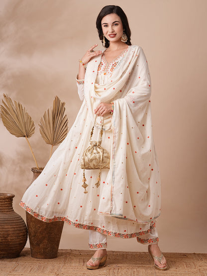 Floral Embroidered A-line Pleated with Pant & Pure Cotton Dupatta - Off White