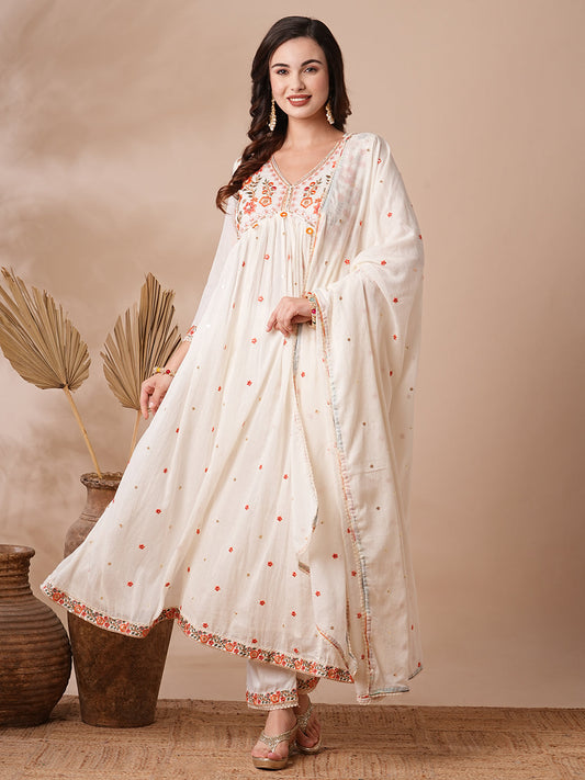 Floral Embroidered A-line Pleated with Pant & Pure Cotton Dupatta - Off White