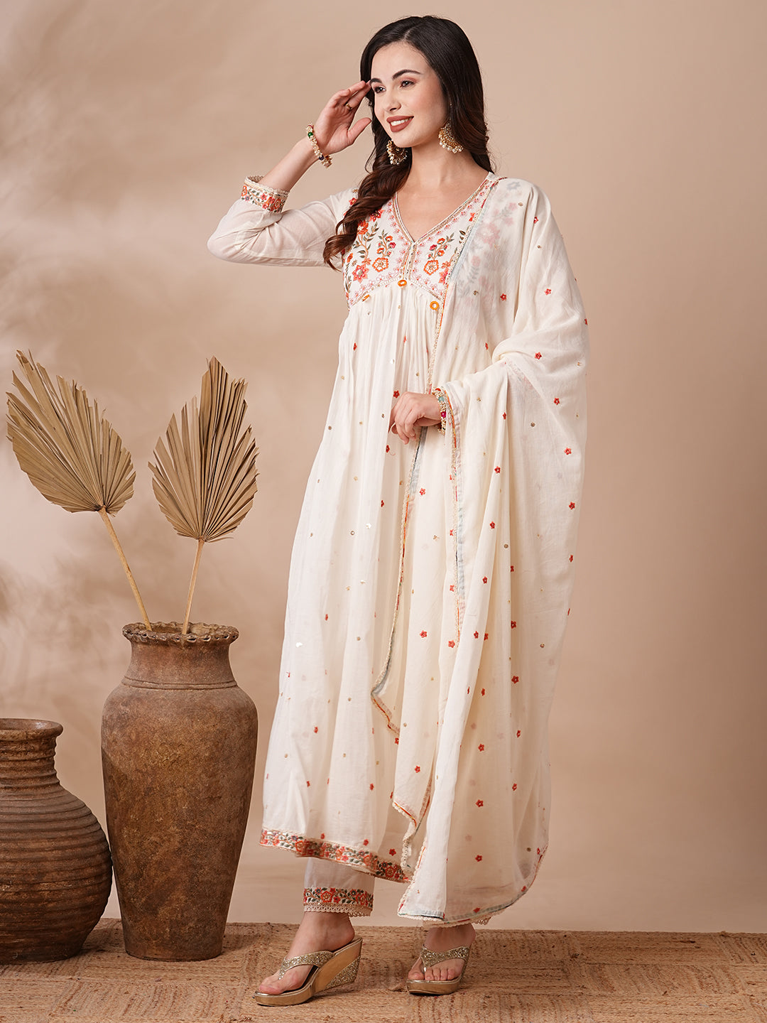 Floral Embroidered A-line Pleated with Pant & Pure Cotton Dupatta - Off White