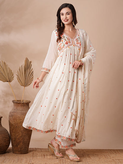 Floral Embroidered A-line Pleated with Pant & Pure Cotton Dupatta - Off White