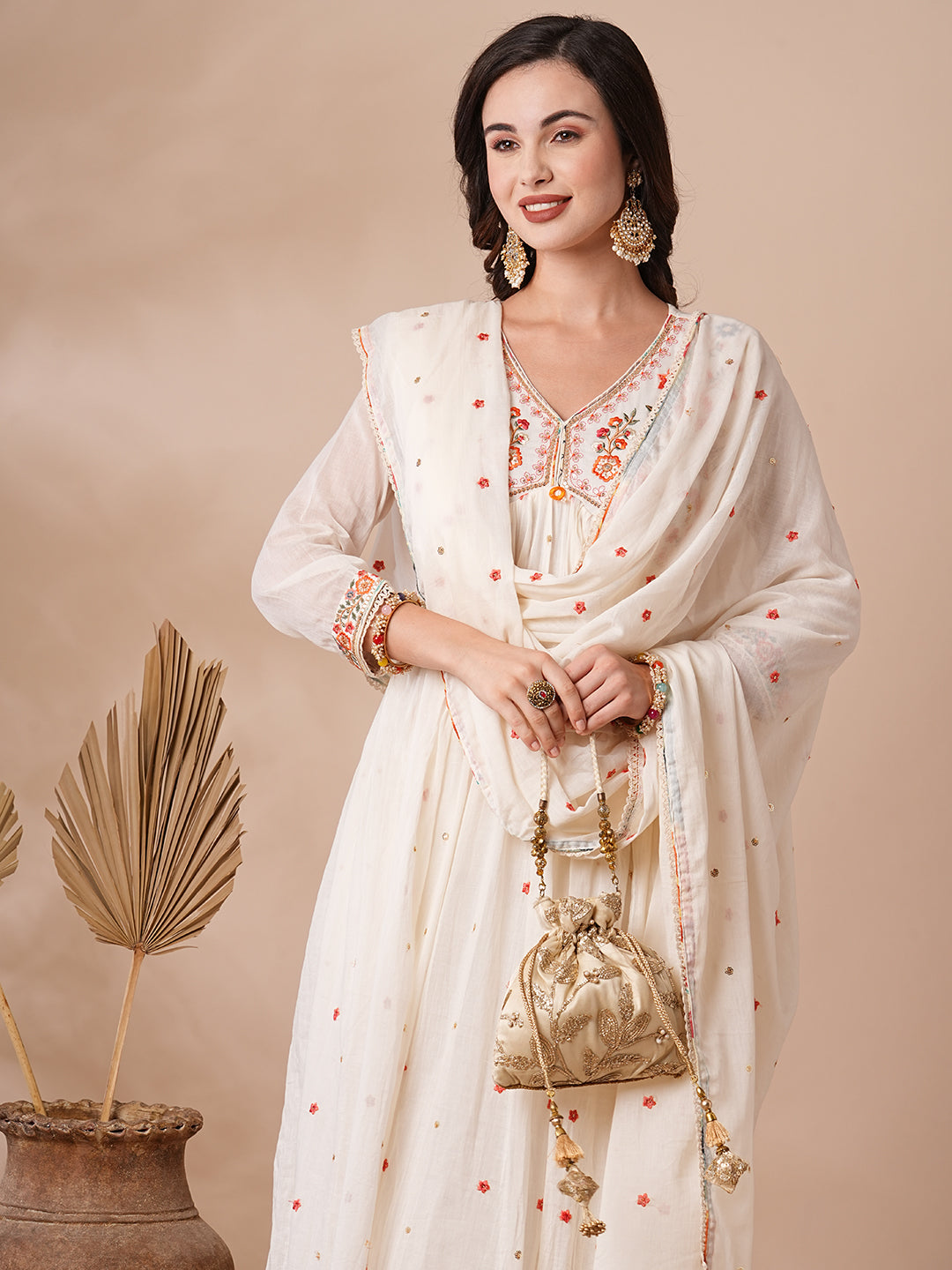 Floral Embroidered A-line Pleated with Pant & Pure Cotton Dupatta - Off White