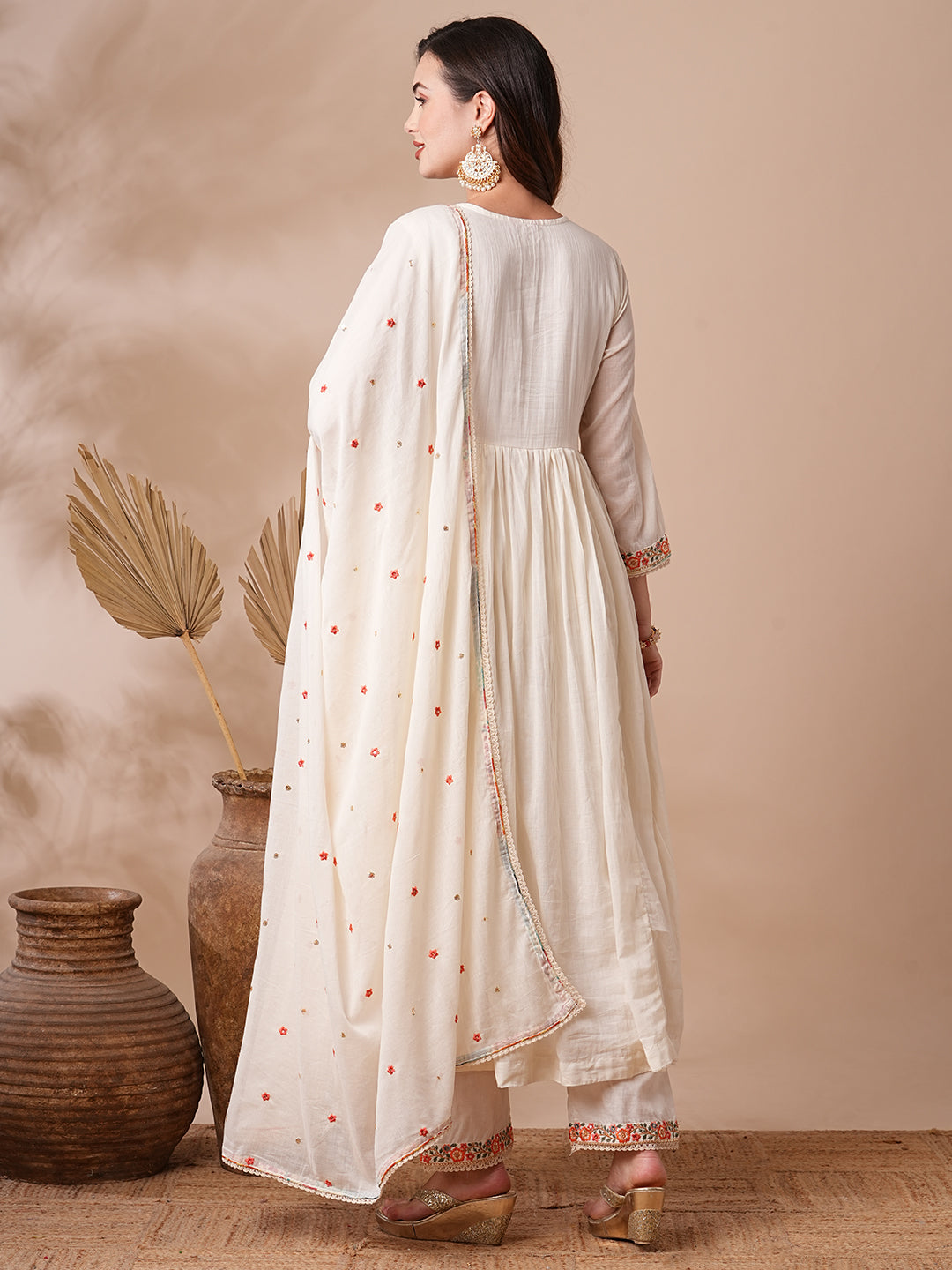 Floral Embroidered A-line Pleated with Pant & Pure Cotton Dupatta - Off White