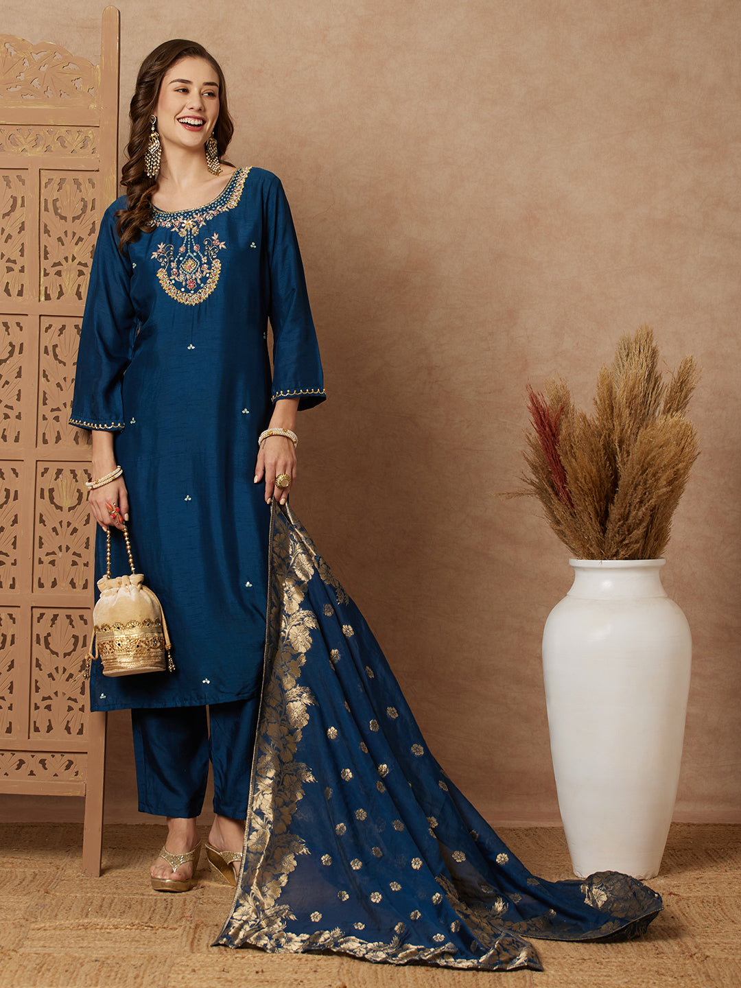 Ethnic Floral Hand Embroidered Straight Kurta with Pant & Brocade Dupatta - Teal Blue