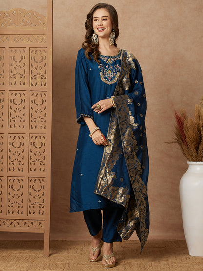 Ethnic Floral Hand Embroidered Straight Kurta with Pant & Brocade Dupatta - Teal Blue